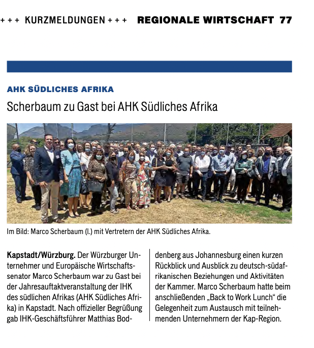 Kurznews IHK Wirtschaftsmagazin 3/2022: Scherbaum zu Gast bei AHK Südliches Afrika in Kapstadt