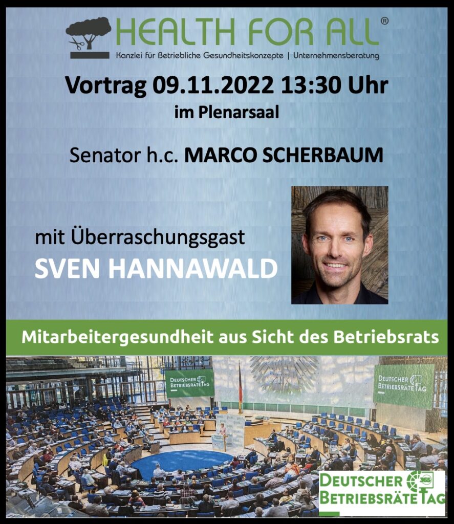 Banner DBRT2022, Ankündigung Vortrag Senator h.c. Marco Scherbaum HEALTH FOR ALL mit Sven Hannawald im Plenarsaal